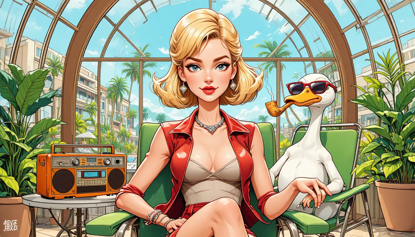 Femme blonde en gilet de cuir rouge dans un intérieur moderne et lumineux