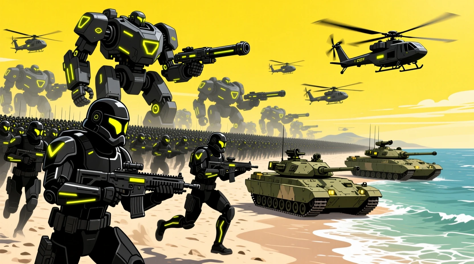 Armée futuriste de soldats chargeant sur une plage d’été
