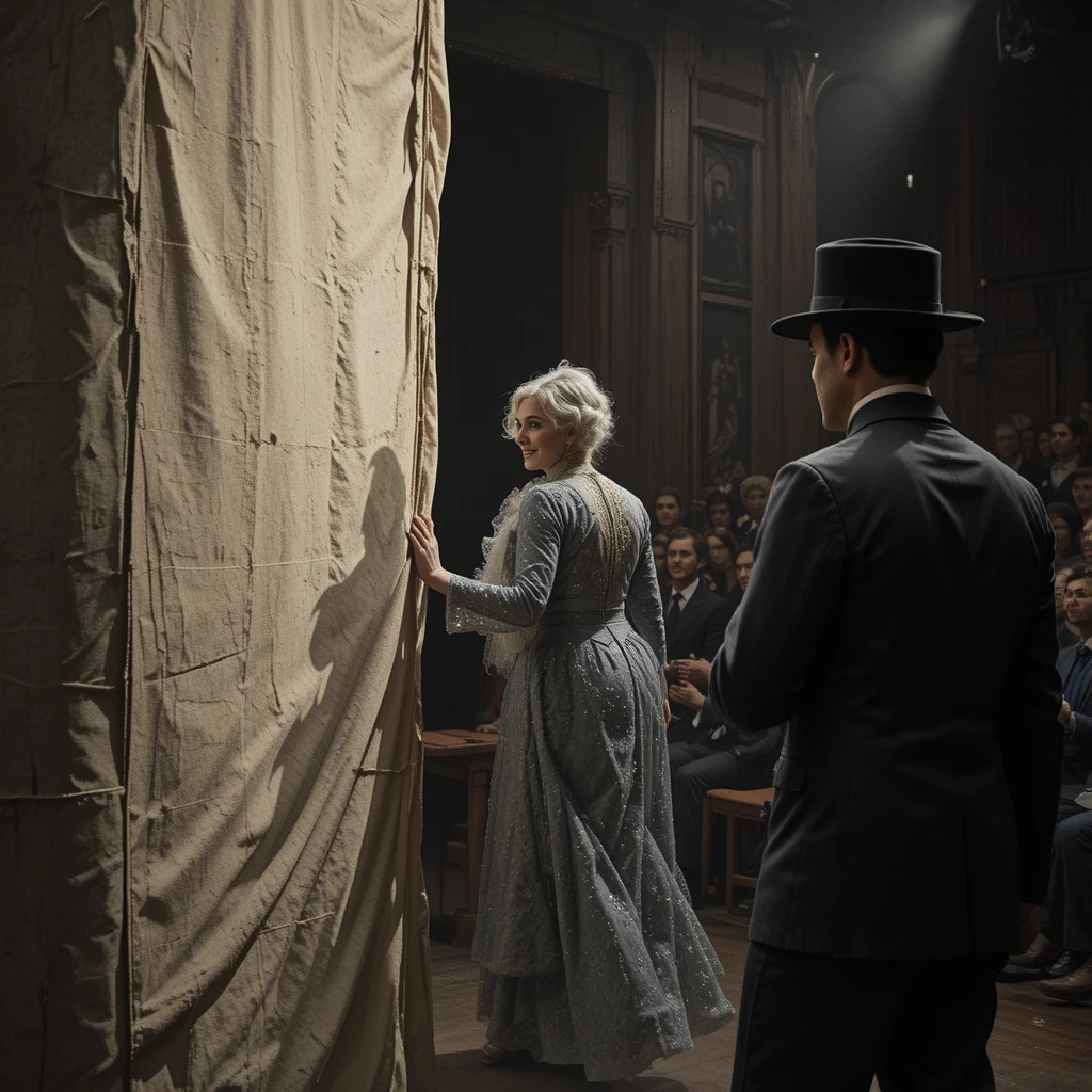 Magician pulls a volunteer backstage on a crowded theater stage