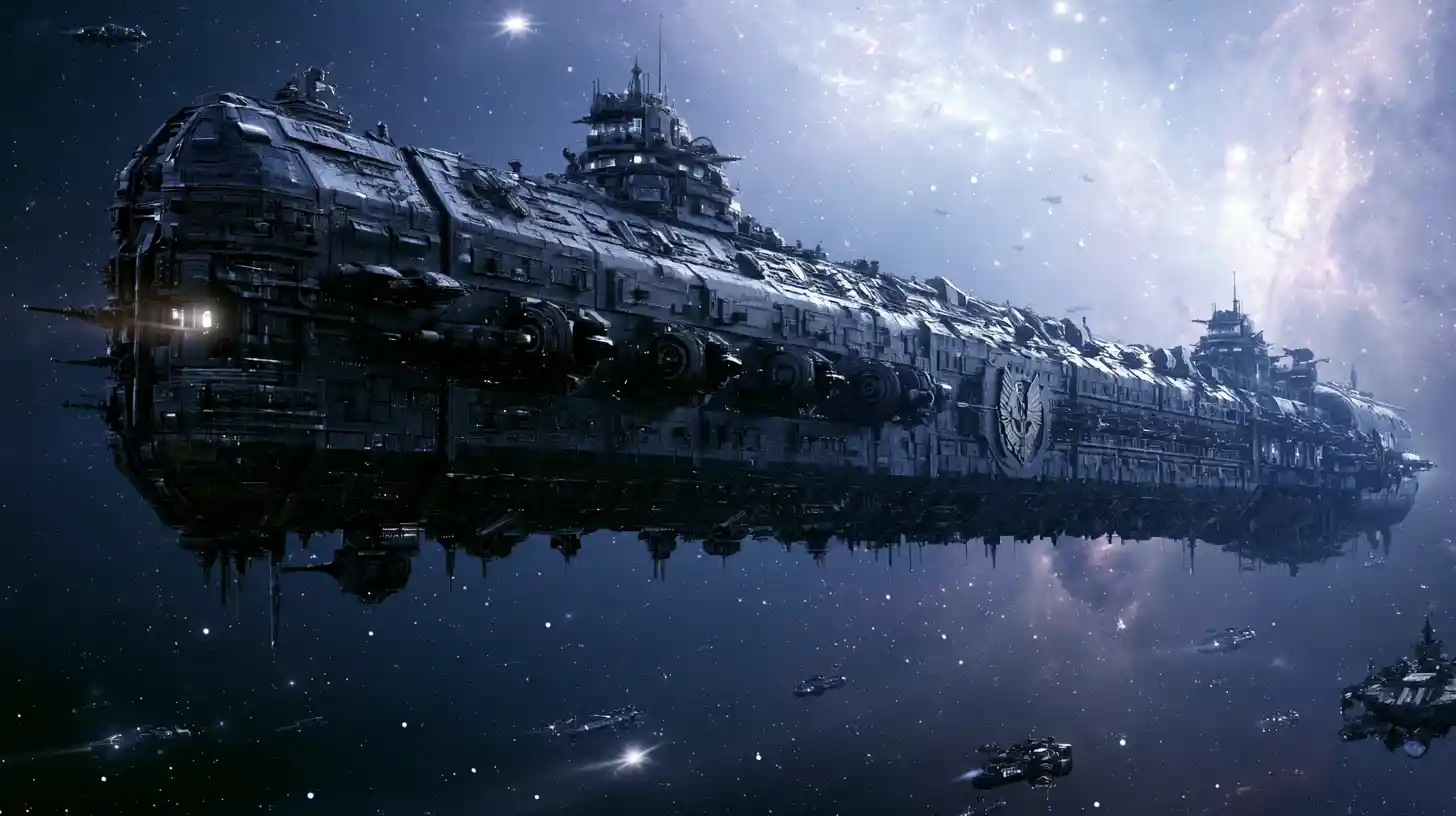 Colossal cuirassé spatial steampunk dans un champ d’étoiles profond