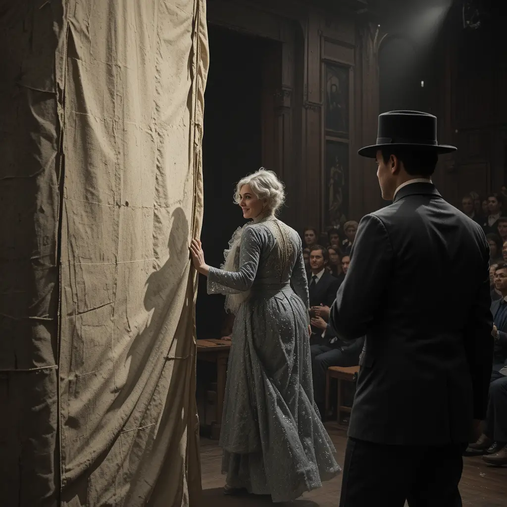 Magician pulls a volunteer backstage on a crowded theater stage