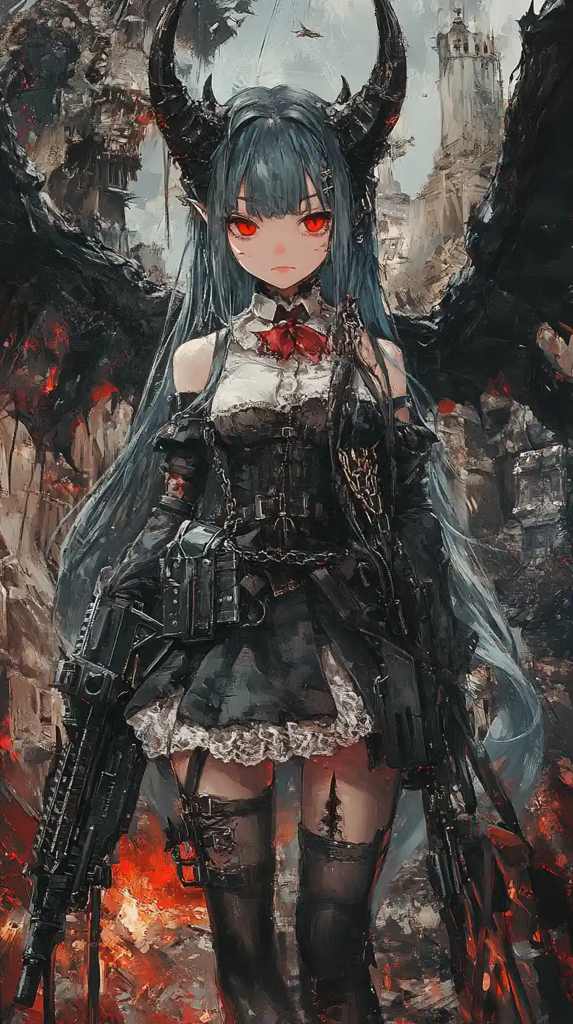 Garota de anime com rifle em uma zona de guerra urbana sombria