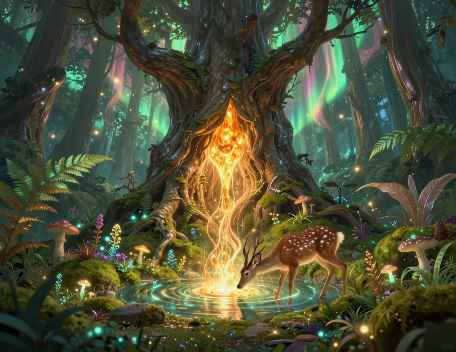 Source mystique en forêt avec arbre ancestral lumineux et cerf