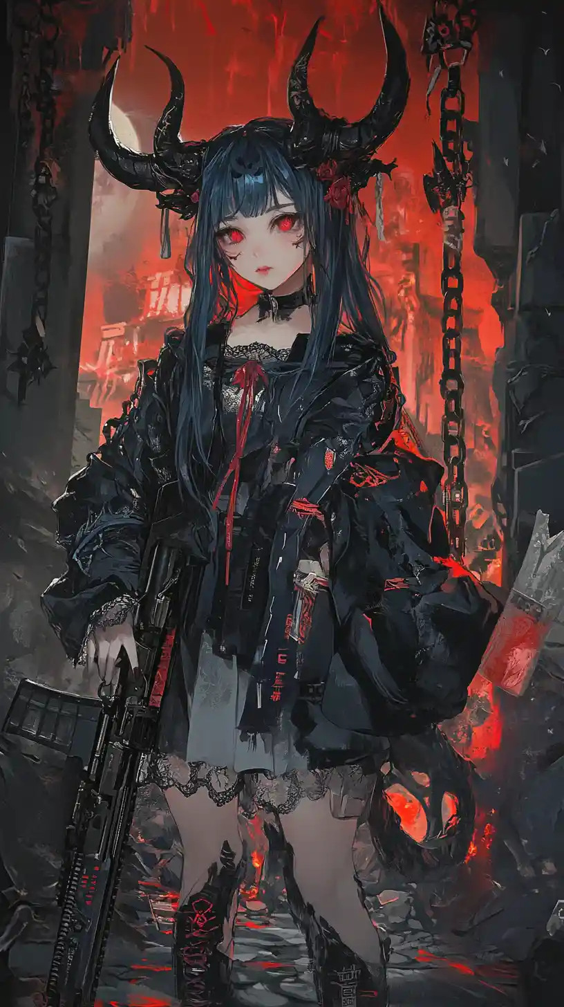Anime girl with rifle in a dark urban war zone