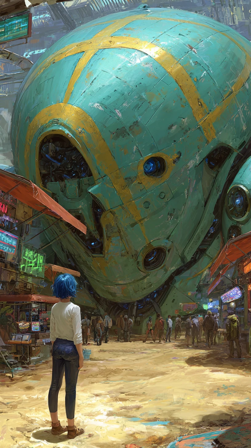 Mulher cyberpunk caminhando ao lado de um mecha gigante destruído