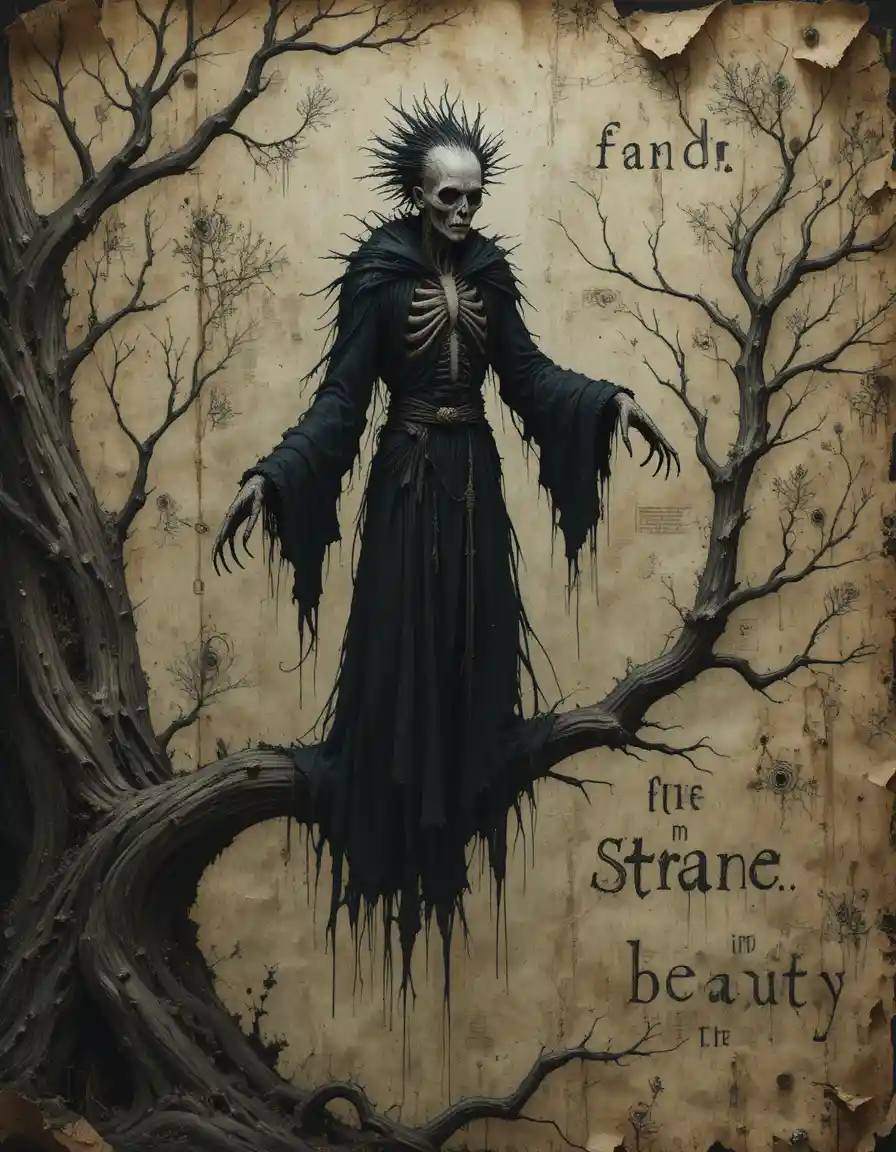 Gaunt skeletal figure on twisted tree over haunted parchment