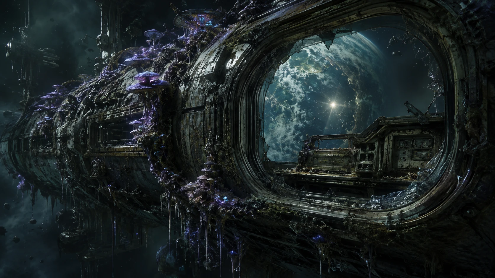 Abandoned space station overgrown with glowing alien fungi