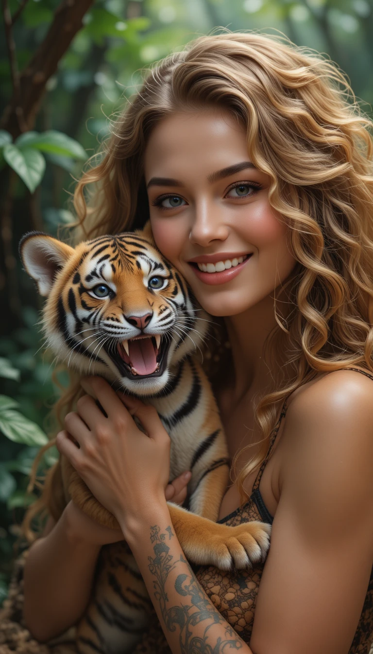 Mulher bronzeada sorridente com filhote de tigre na selva exuberante