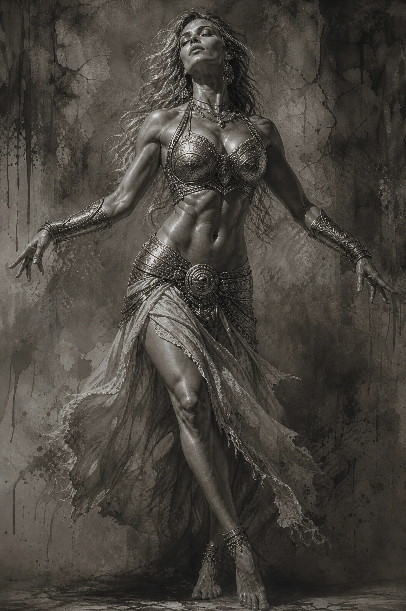 Armored warrior woman in dramatic full body fantasy portrait