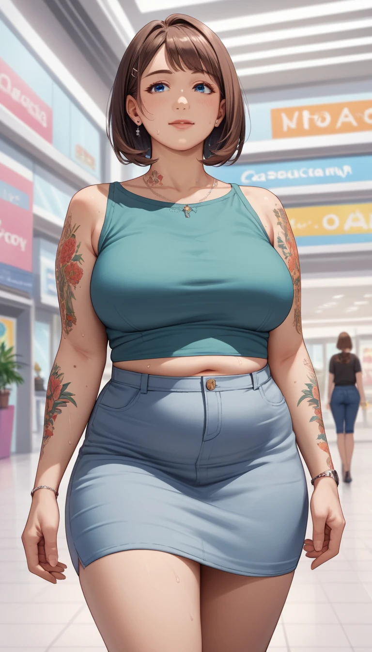 Mulher de anime com roupa casual e colorida no shopping