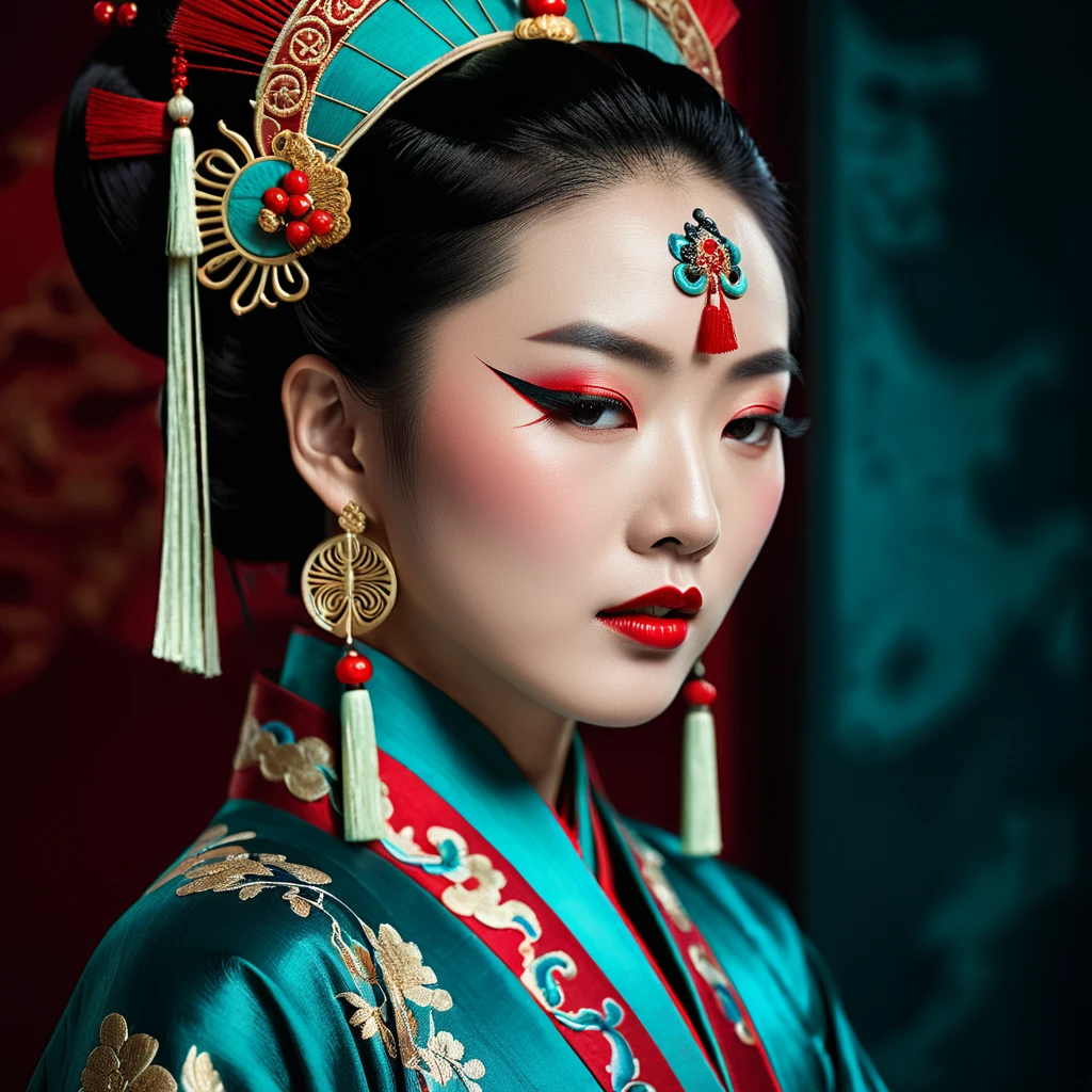 Chinese opera woman portrait with crimson makeup and headdress