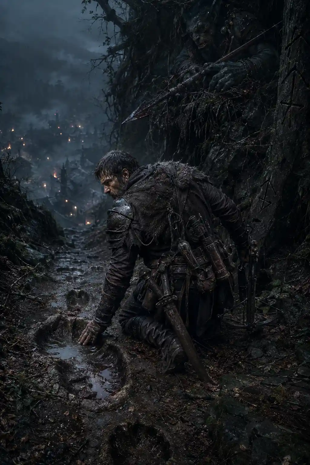 Orc hunter tracking bloodied footprints in a dark forest