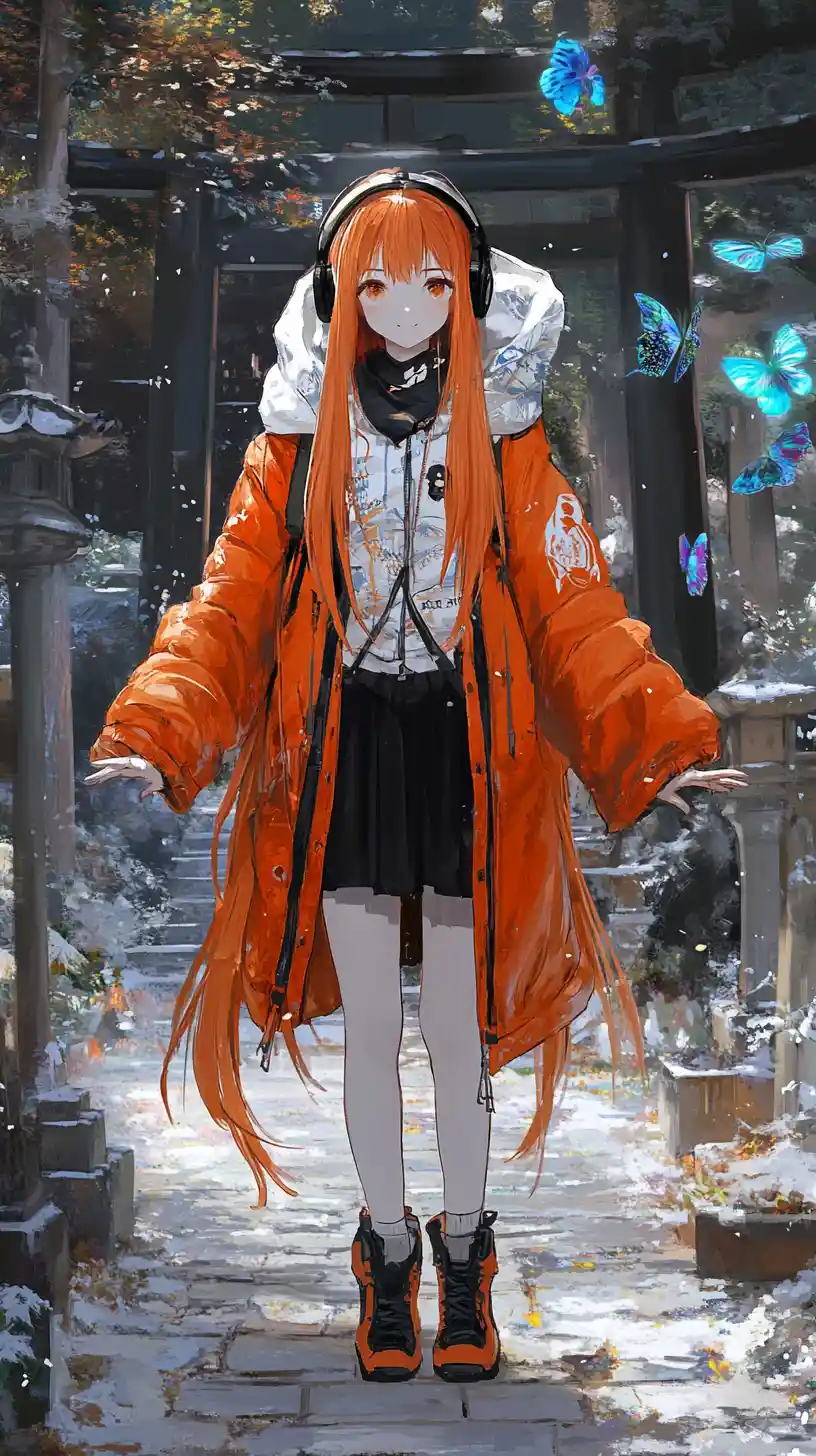 Anime girl in orange winter coat with headphones and mask