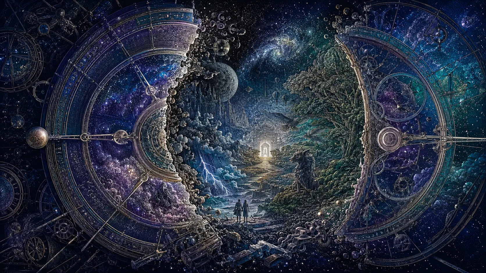 Surreale Uhrwerkslandschaft, die ein Universum der fehlenden Stunde enthüllt