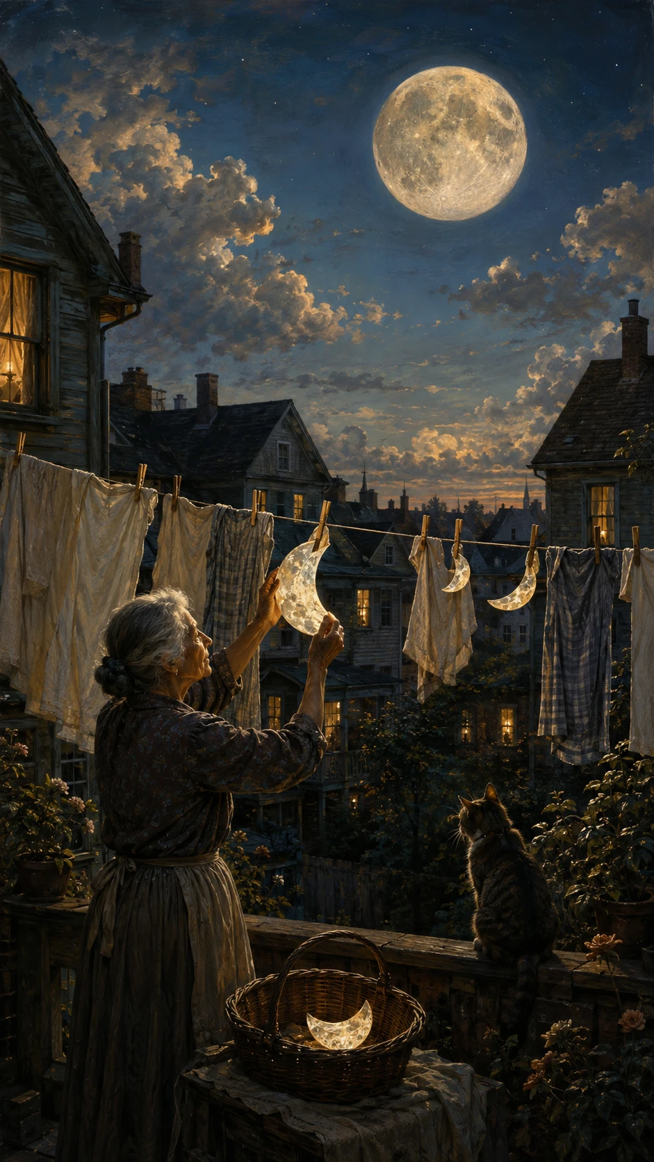 Anciana que recoge lunas crecientes en una calle al atardecer