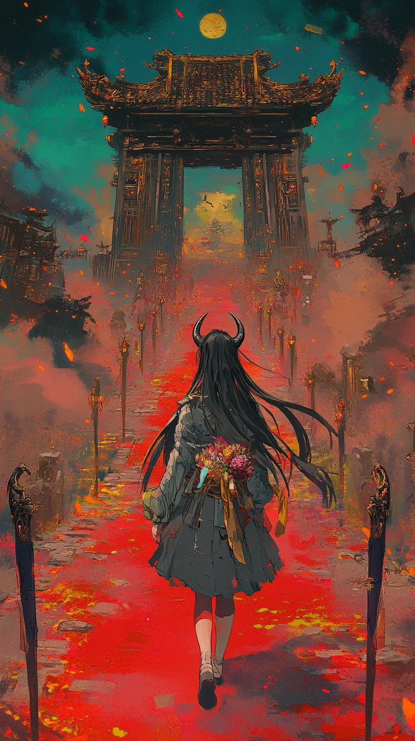 Golden fantasy road with crowned serpent statue at dusk