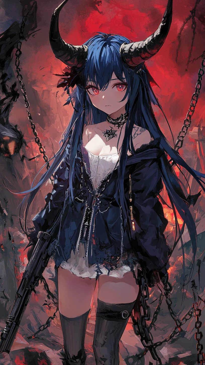 Garota de anime de cabelo escuro com rifle em cidade arruinada