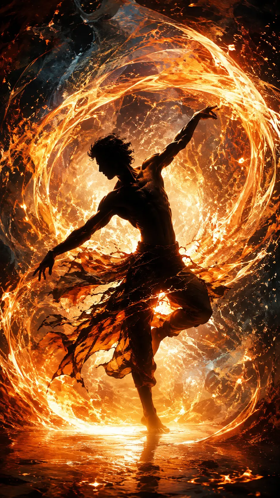 Silhouette of a dancing man with swirling fire light