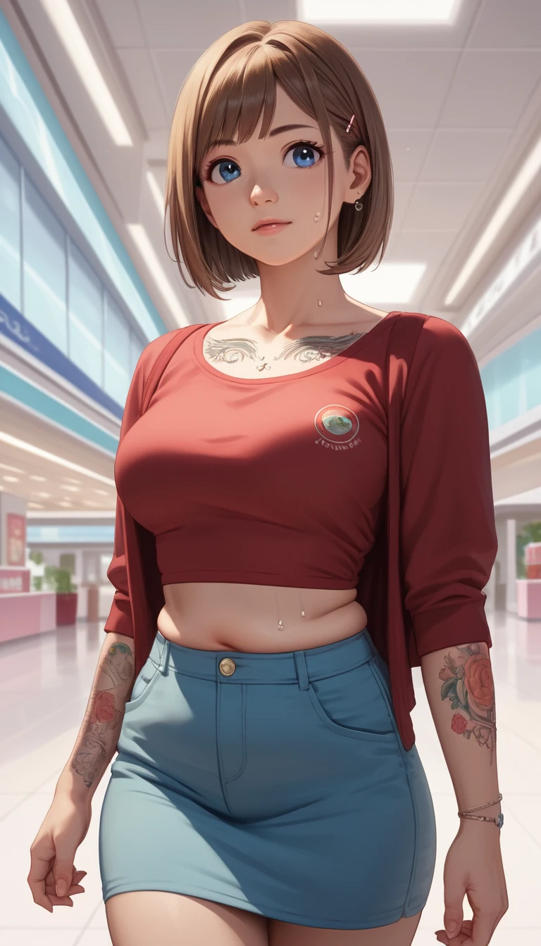 Femme anime sensuelle en tenue décontractée au centre commercial