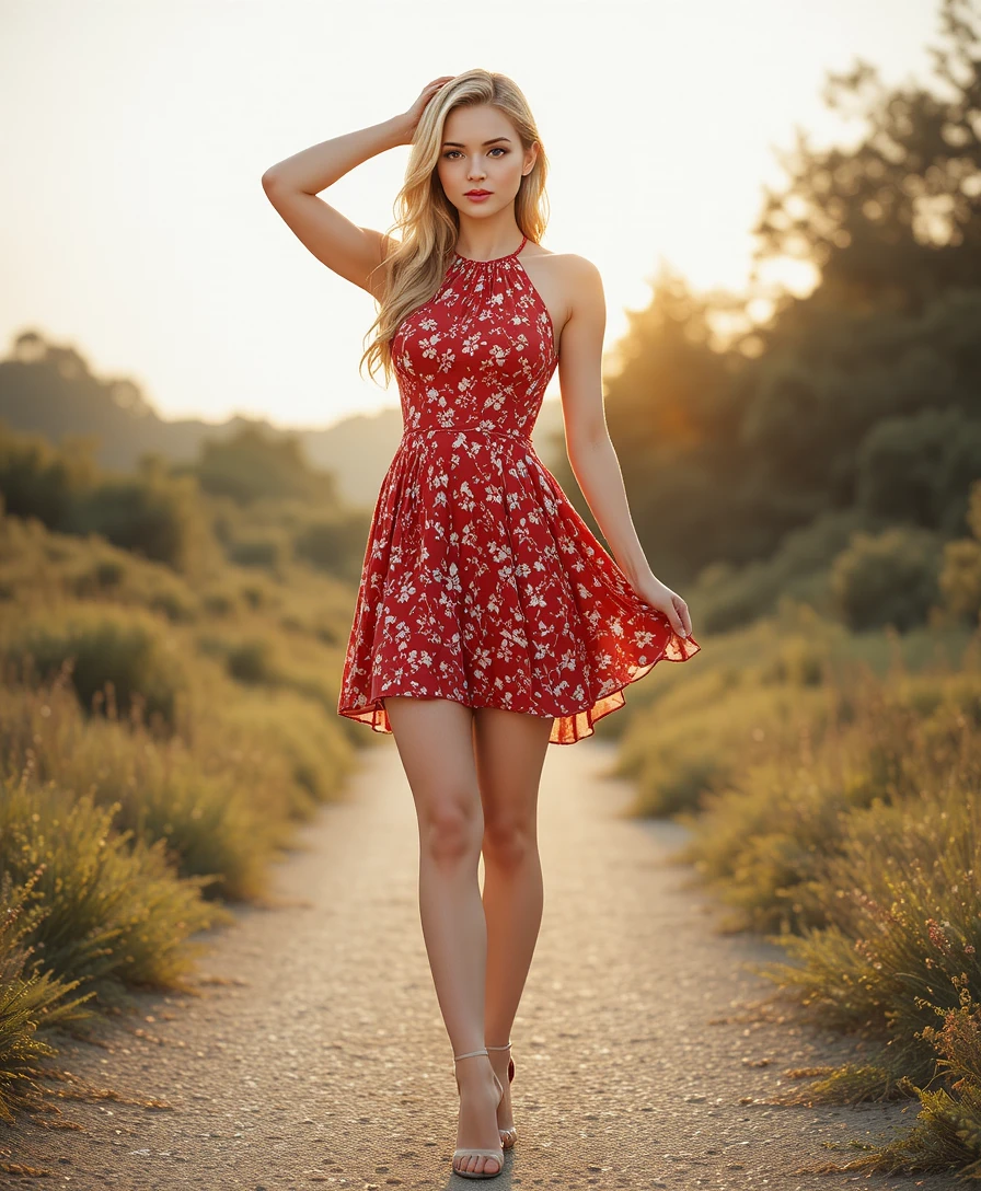 Giovane donna in minidress rosso halter all’ora d’oro