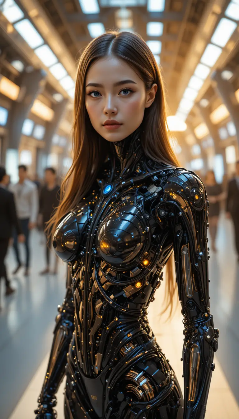 미래형 전시 홀의 여성 안드로이드 초상