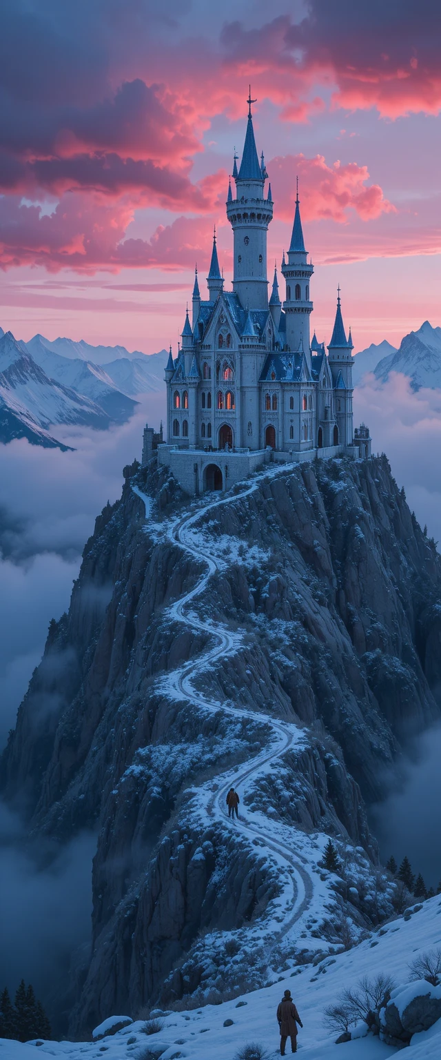 Castelo Majestoso de Halloween Sobre Montanhas Geladas e Enevoadas