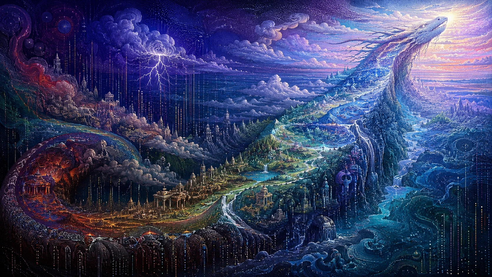 神話的なデータクリーチャーが超現実的な宇宙の景観をよじ登る