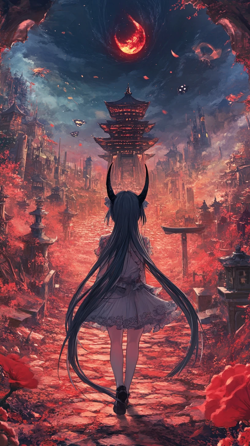 Golden path through vast fantasy city under surreal sky