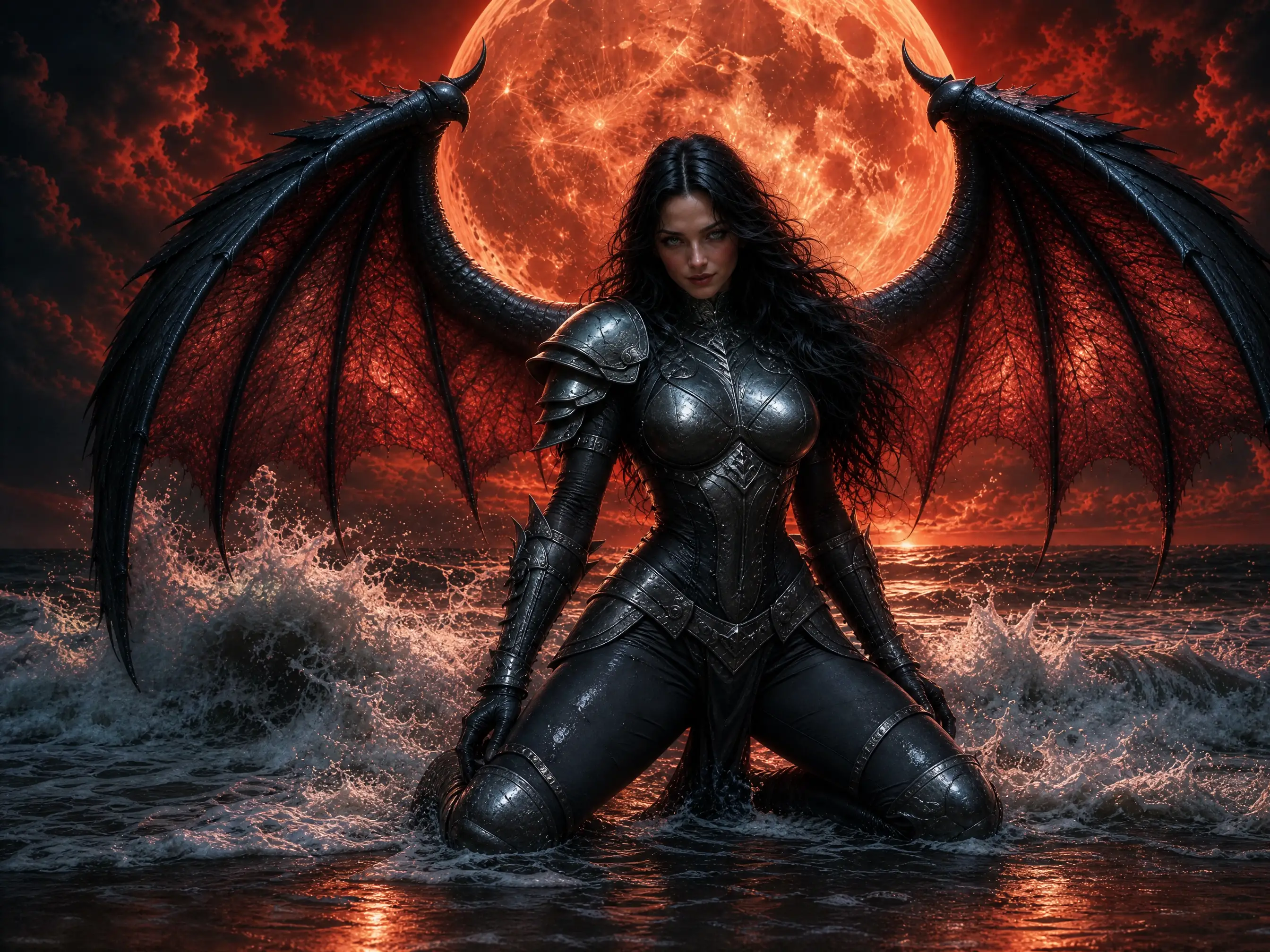 Kniender Fantasykrieger mit Drachenflügeln vor einem feurigen Mond