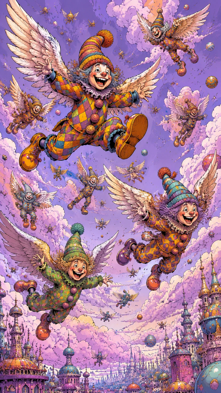 Créatures fantastiques ailées riant dans un ciel lilas