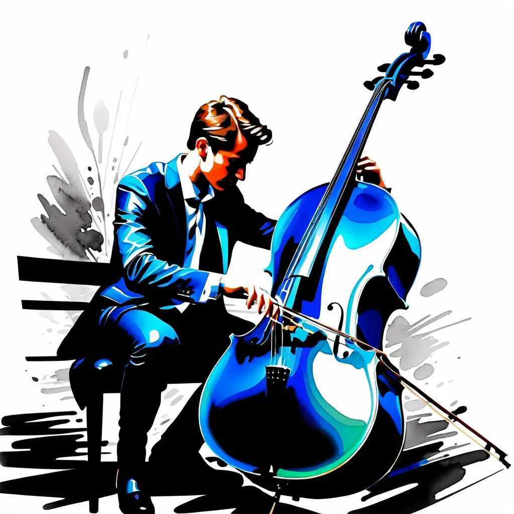 Young cellist tuning a cello in editorial ink illustration