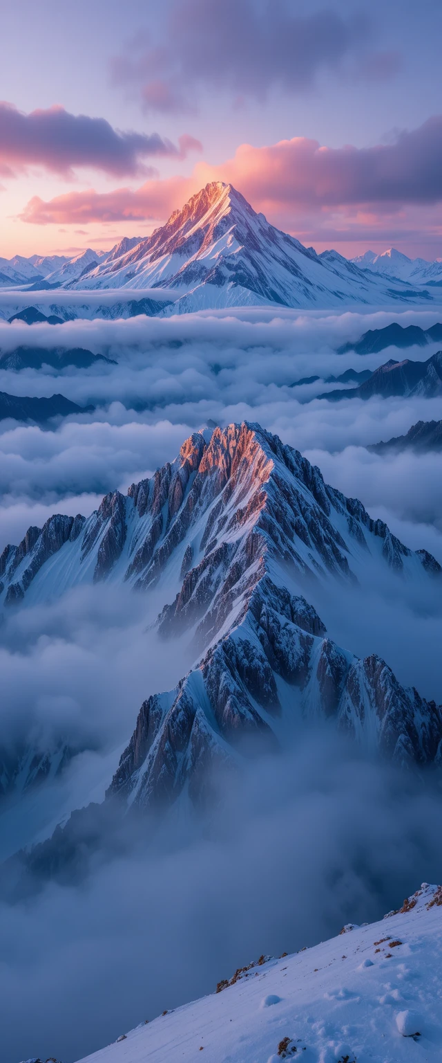 Montanhas geladas enevoadas sob céu azul e roxo ao entardecer