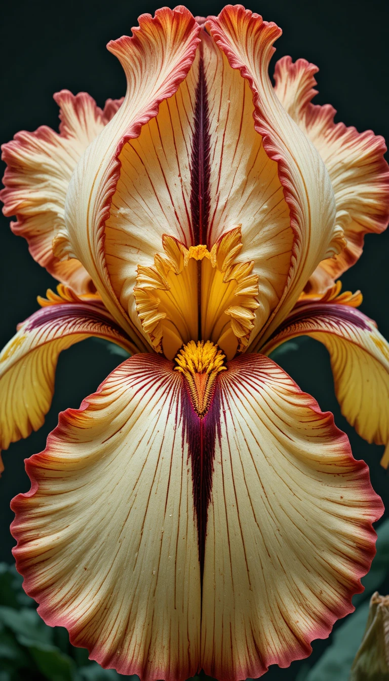 Primo piano macro di un singolo iris a strisce in fiore