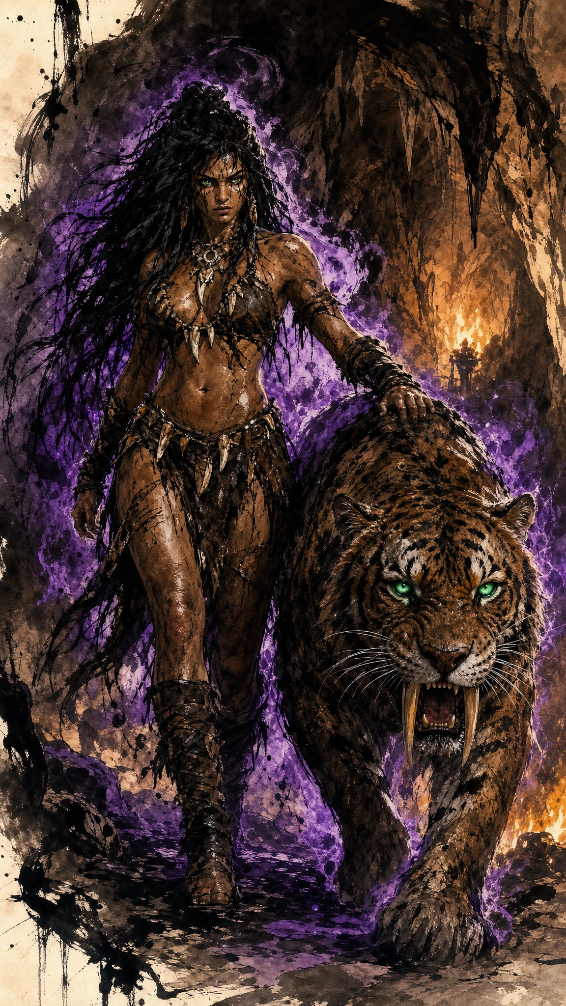 Stone age warrior woman with sabertooth tiger in cave