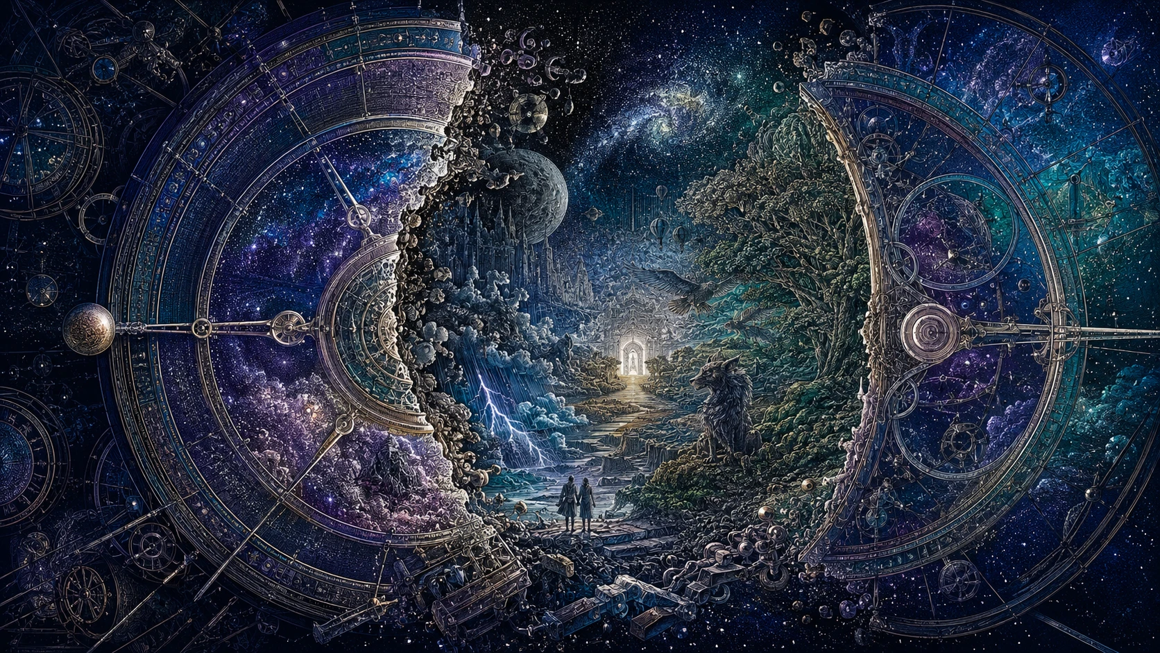 Surreal clockwork landscape revealing a missing hour universe