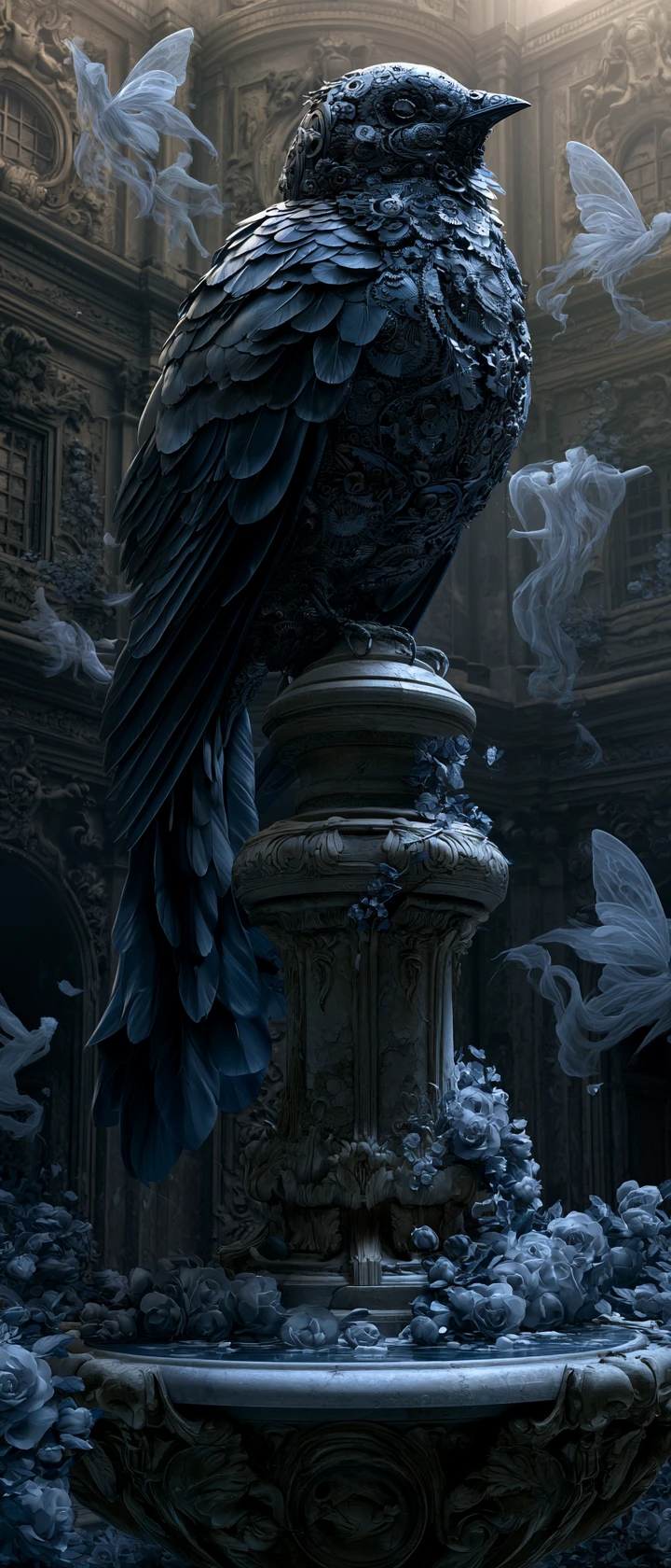 Mechanical nightingale on a decaying baroque courtyard fountain