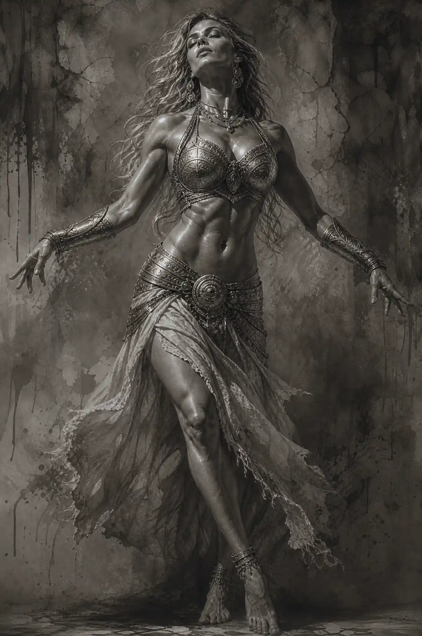 Armored warrior woman in dramatic full body fantasy portrait