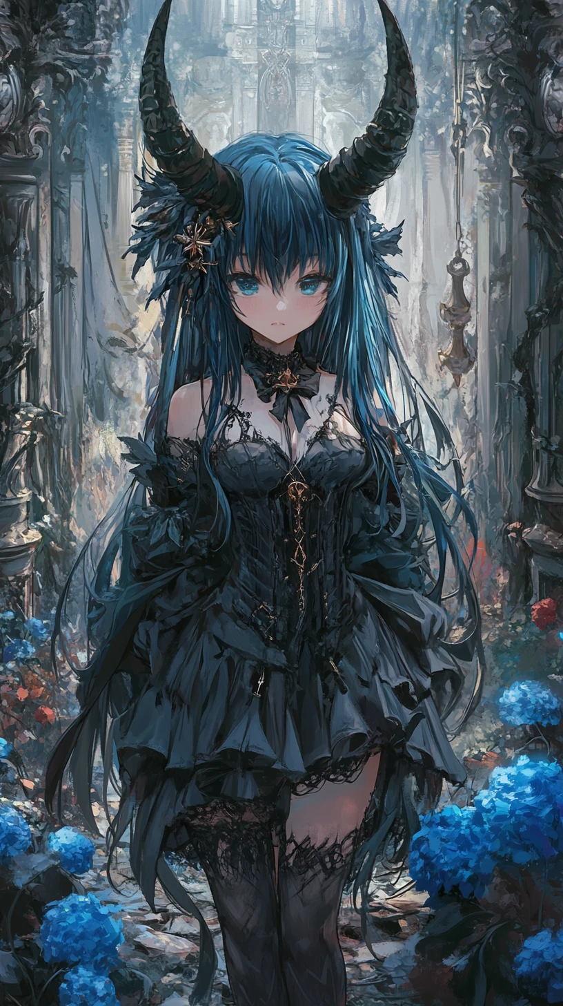 Anime girl with dark blue hair in a demonic horn outfit