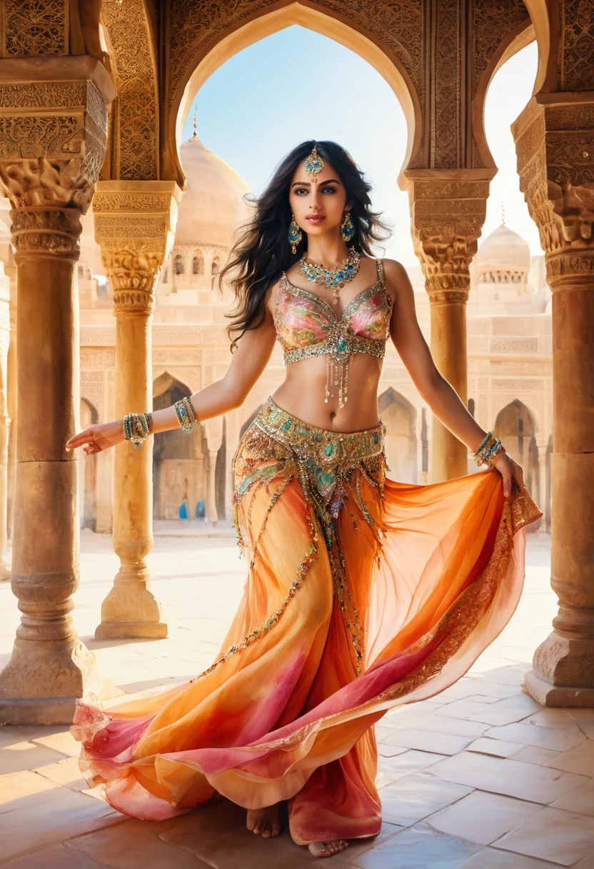 Watercolor belly dancer in a glowing Persian palace courtyard