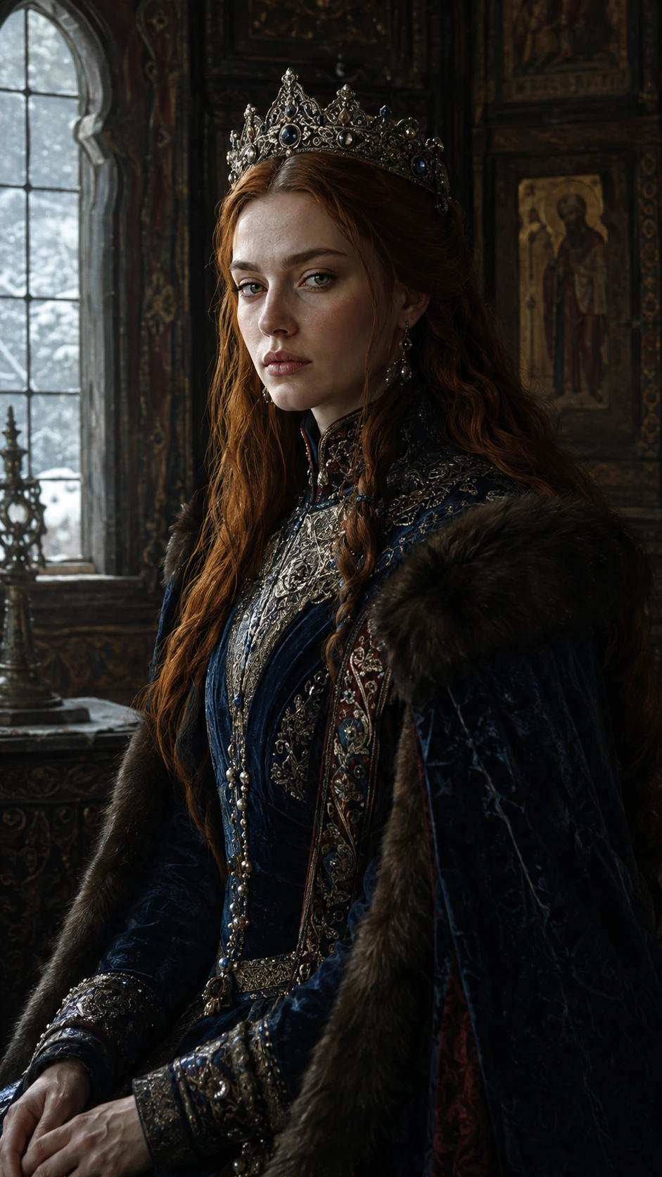 Jovem rainha eslava em um castelo medieval escuro - retrato