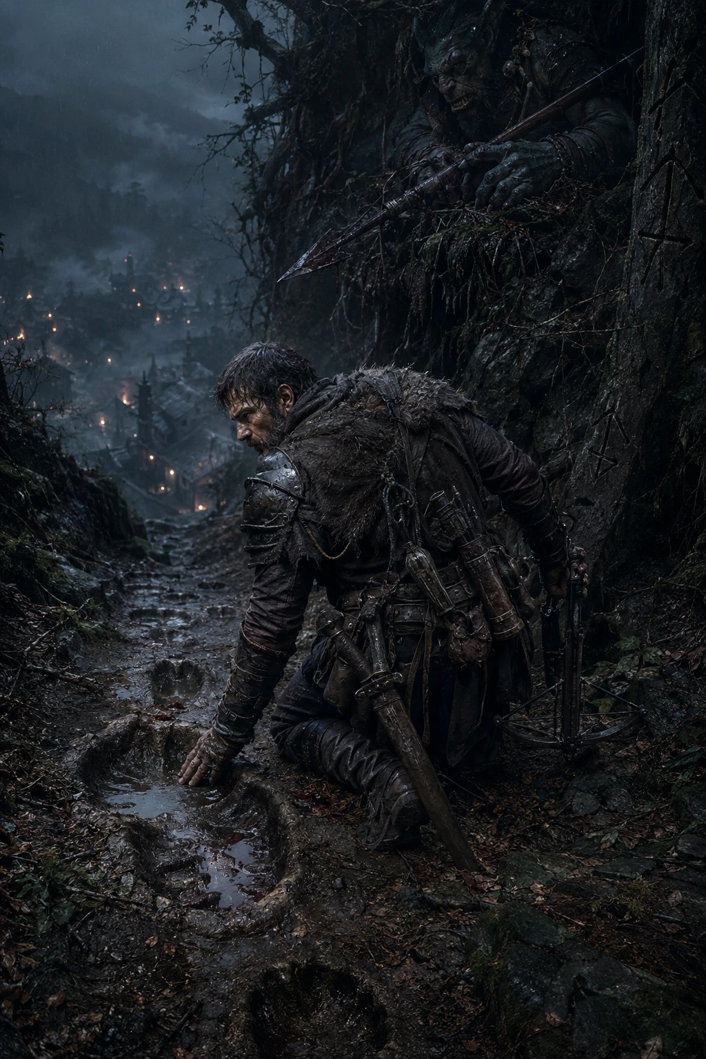 Orc hunter tracking bloodied footprints in a dark forest