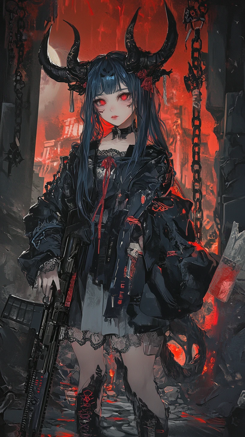 Anime girl with rifle in a dark urban war zone
