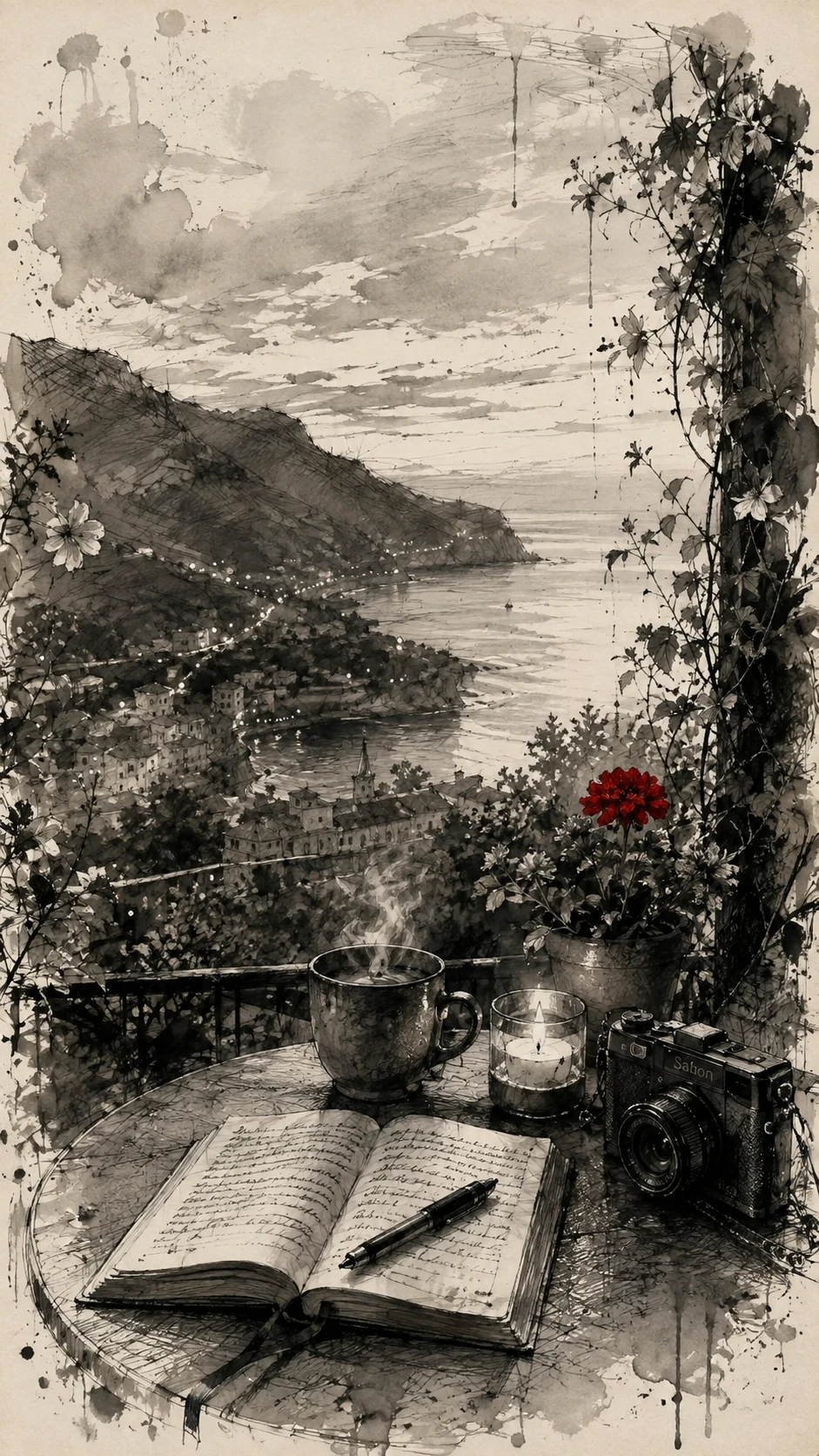 Dessin à l’encre expressif avec hachures croisées et un unique accent cramoisi