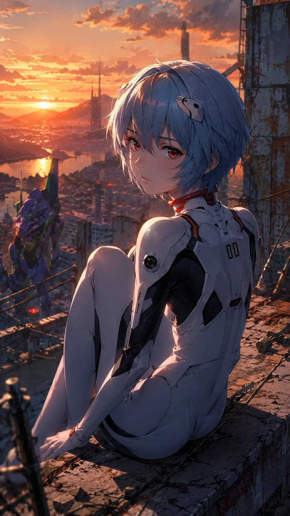 Anime girl standing against a glowing sunset sky
