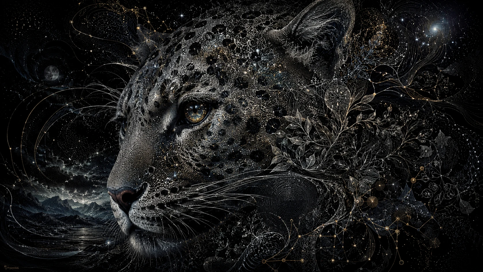 Surreal cosmic animal portrait emerging from deep darkness