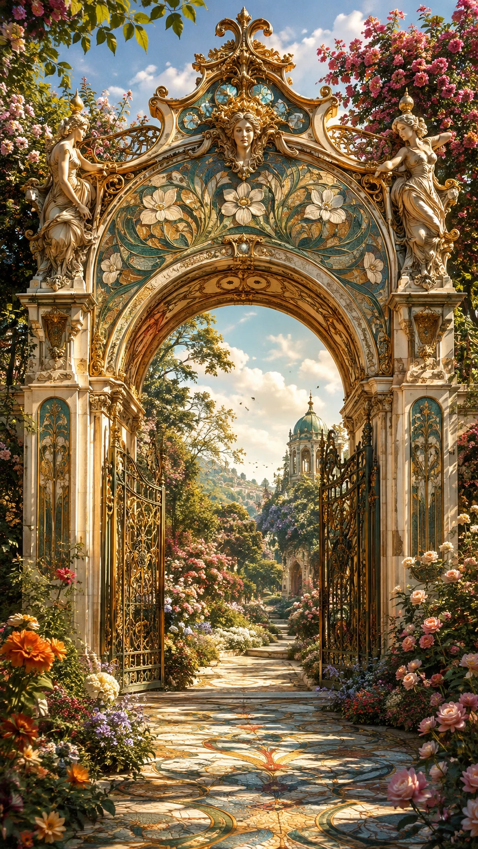 Arco decorativo in un rigoglioso giardino di fiori colorati
