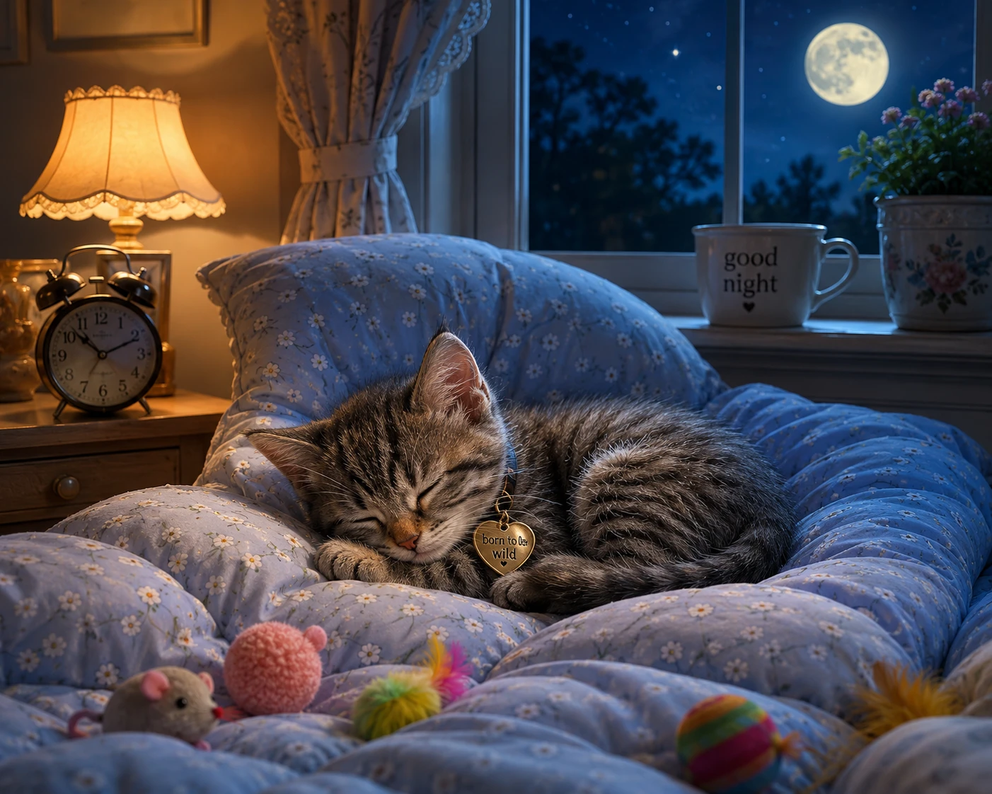 Gatinho dormindo enroscado em uma cama macia à noite
