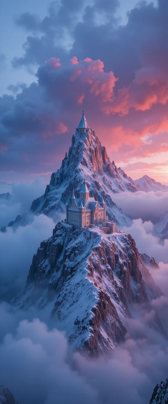 Majestoso castelo branco sobre picos de montanhas geladas e enevoadas
