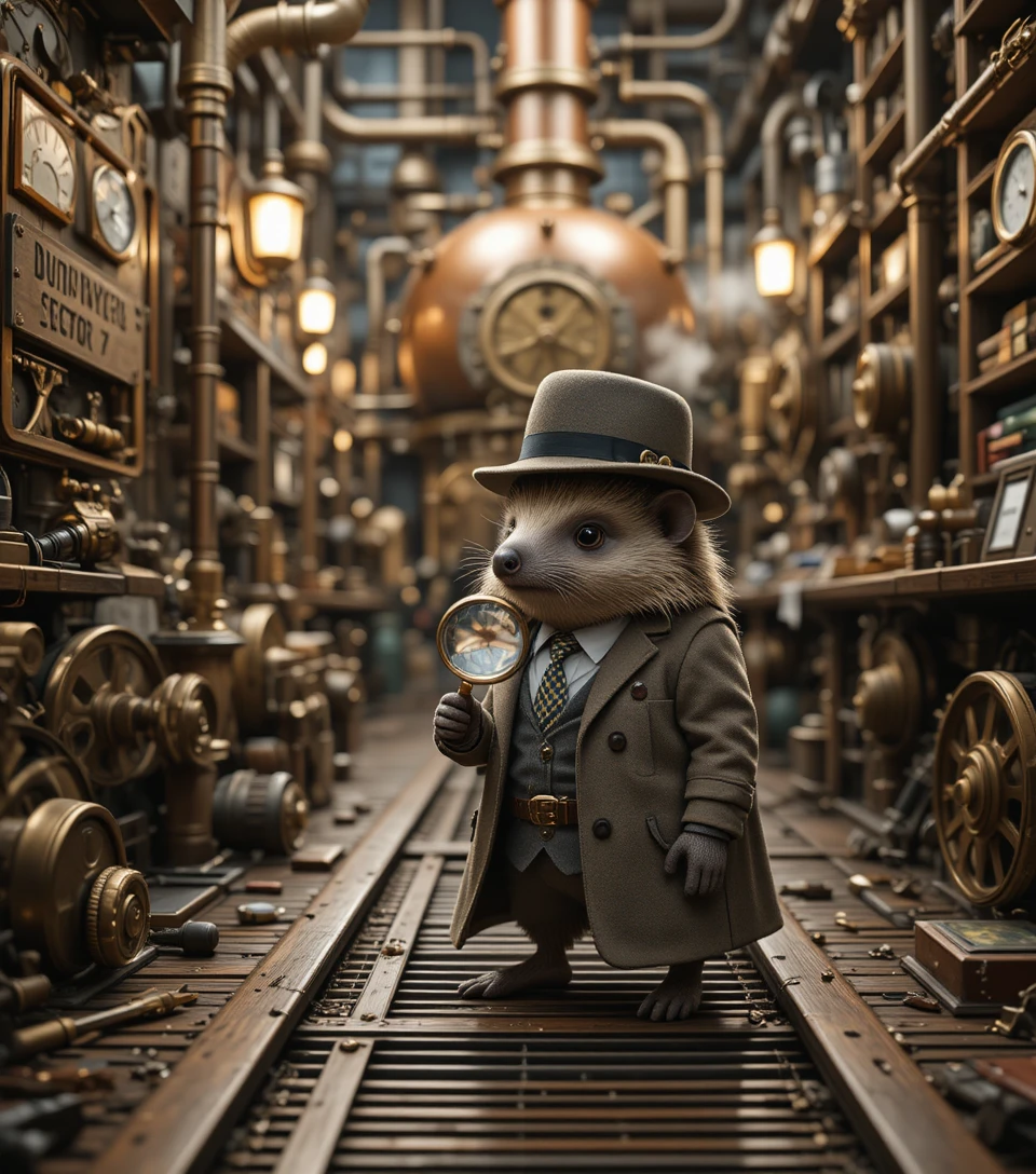 Ouriço-detetive em uma oficina de máquinas steampunk