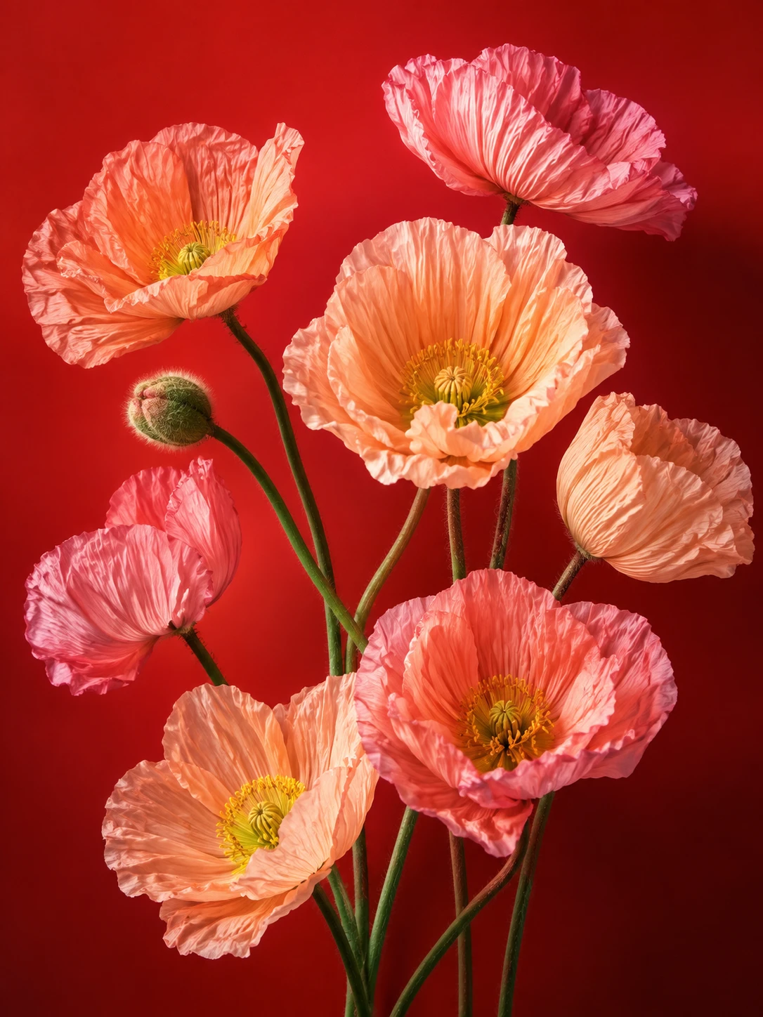 Pastel 3D poppy flowers on bright red abstract background